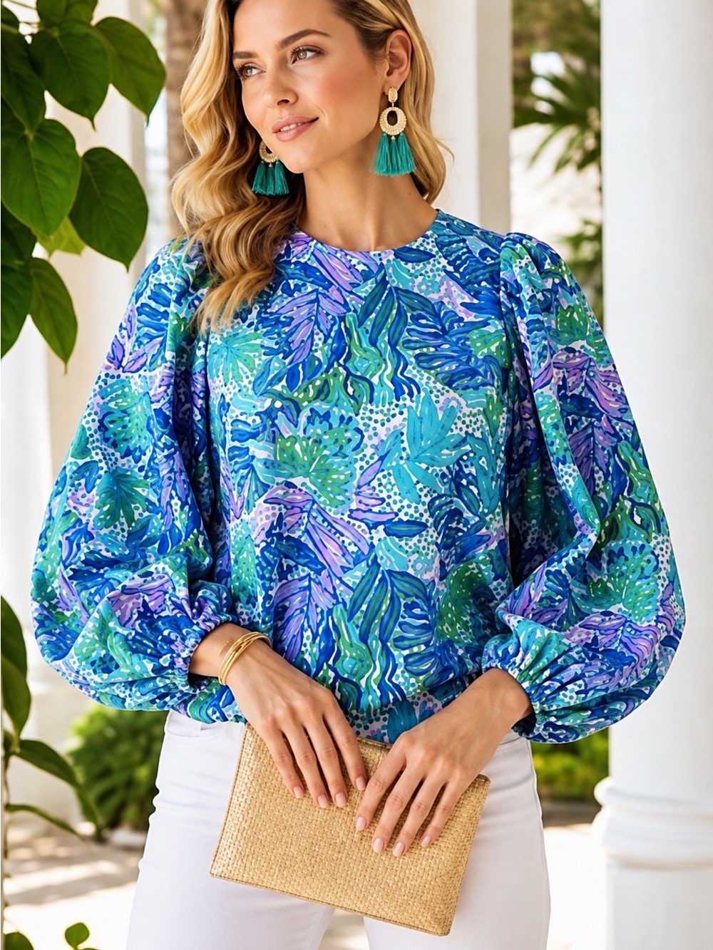 Lilly Pulitzer Lynnley Long Sleeve Top in Botanical Green Holiday In The Sun